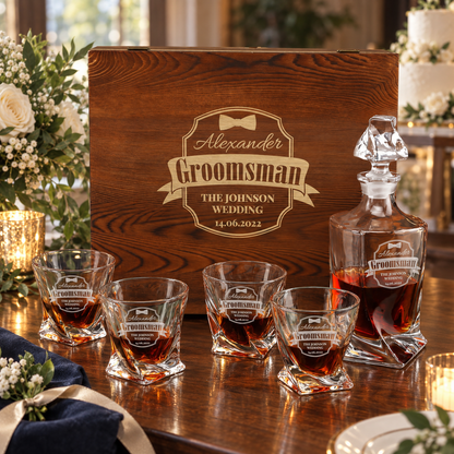 Groomsman Gift – Twisted Decanter Set with 4 Glasses & Wooden Box – image 04