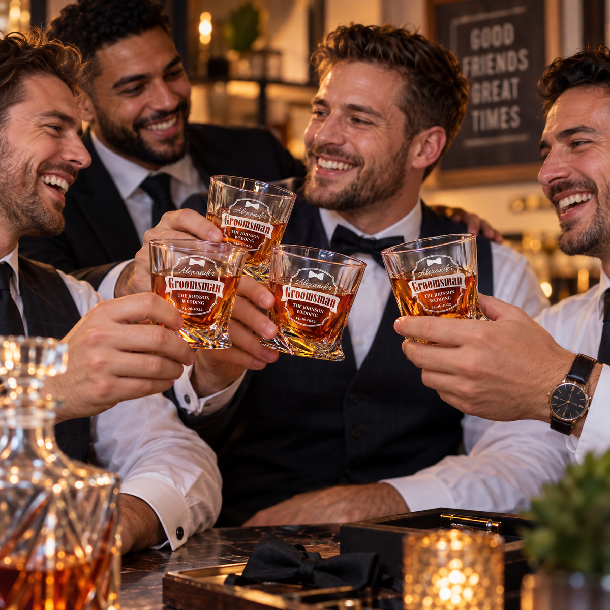 Groomsman Gift – Twisted Decanter Set with 4 Glasses & Wooden Box – image 05