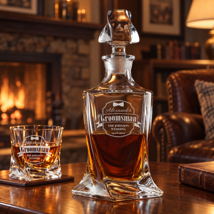 Groomsman Gift – Twisted Decanter Set with 4 Glasses & Wooden Box – image 06