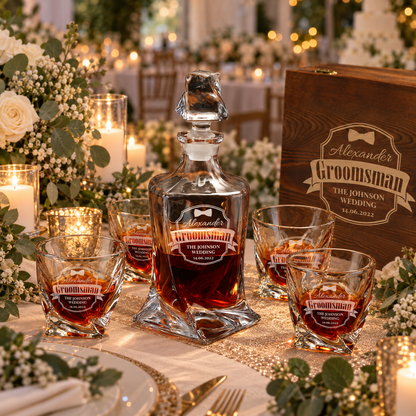 Groomsman Gift – Twisted Decanter Set with 4 Glasses & Wooden Box – image 08