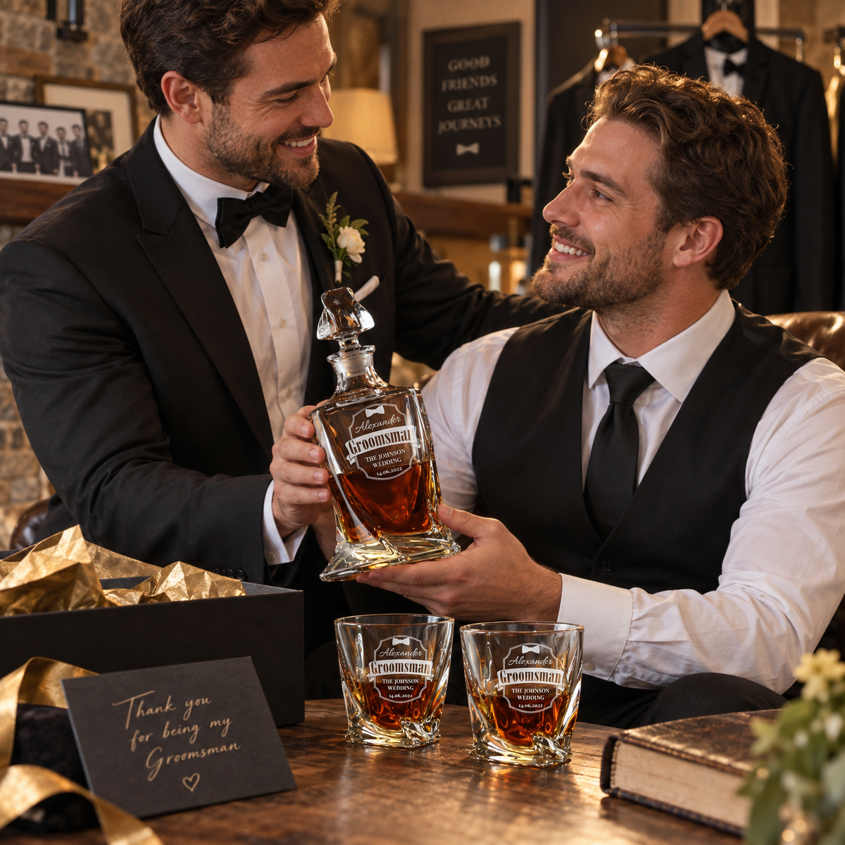 Groomsman Gift – Twisted Decanter Set with 4 Glasses & Wooden Box – image 11