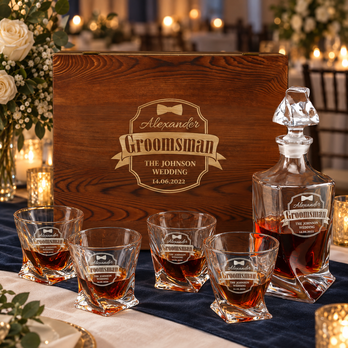 Groomsman Gift – Twisted Decanter Set with 4 Glasses & Wooden Box product image