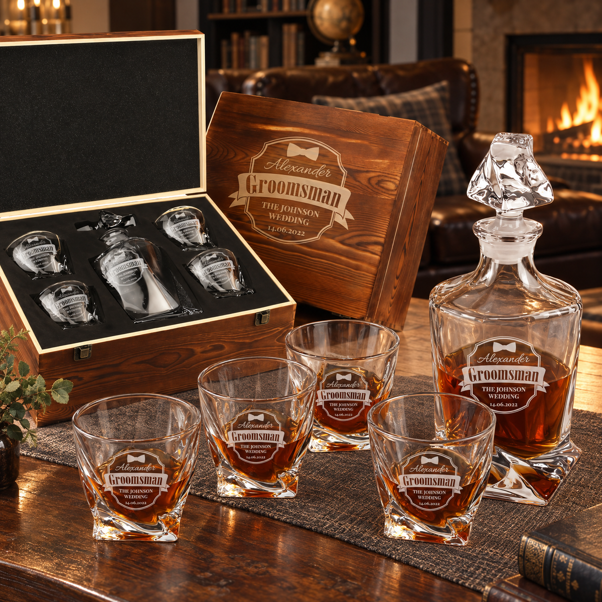 Groomsman Gift – Twisted Decanter Set with 4 Glasses & Wooden Box product image