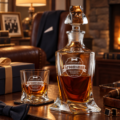 Groomsman Gift – Twisted Decanter Set with 4 Glasses & Wooden Box – image 18