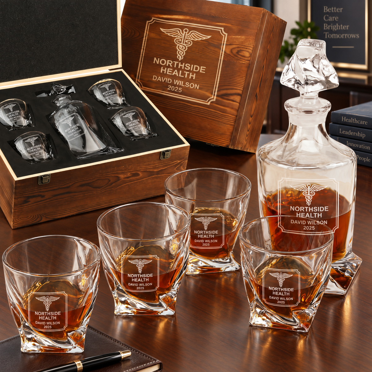 Healthcare Company Gifts – Twisted Decanter Set with 4 Glasses & Wooden Box product image