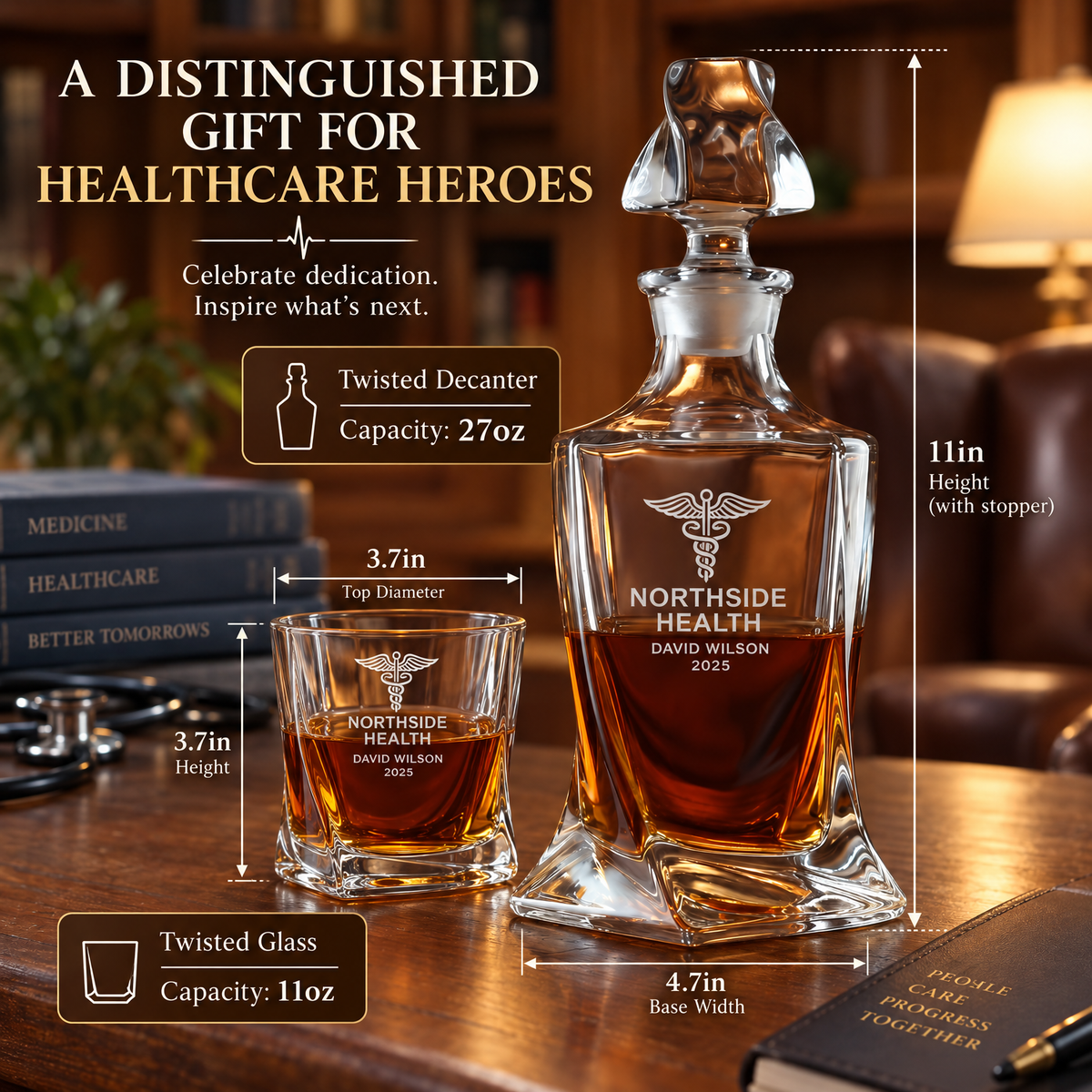 Healthcare Company Gifts – Twisted Decanter Set with 4 Glasses & Wooden Box – image 02