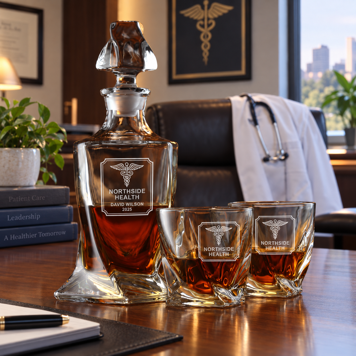 Healthcare Company Gifts – Twisted Decanter Set with 4 Glasses & Wooden Box – image 04