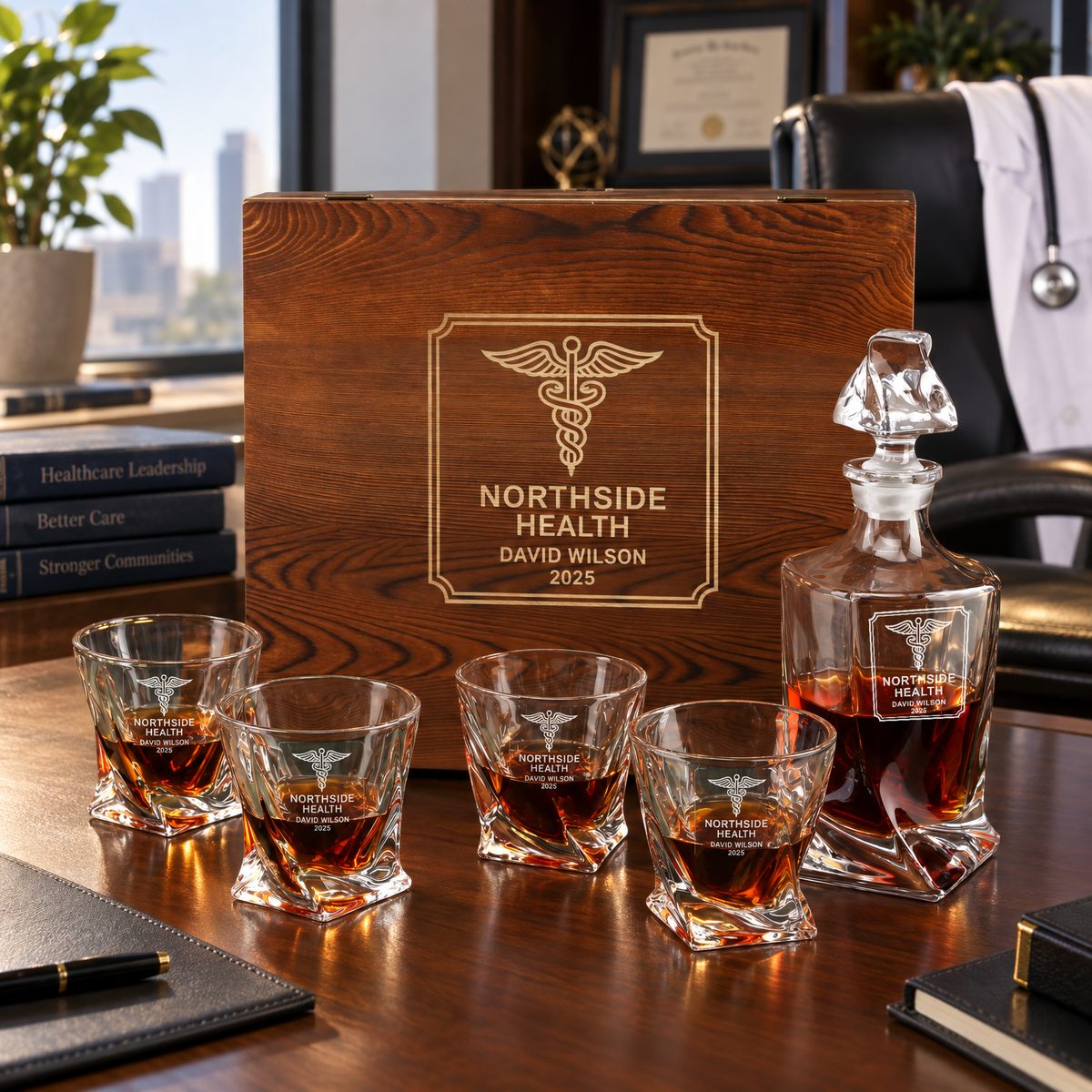 Healthcare Company Gifts – Twisted Decanter Set with 4 Glasses & Wooden Box – image 12