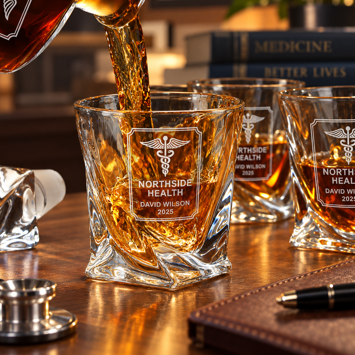 Healthcare Company Gifts – Twisted Decanter Set with 4 Glasses & Wooden Box product image