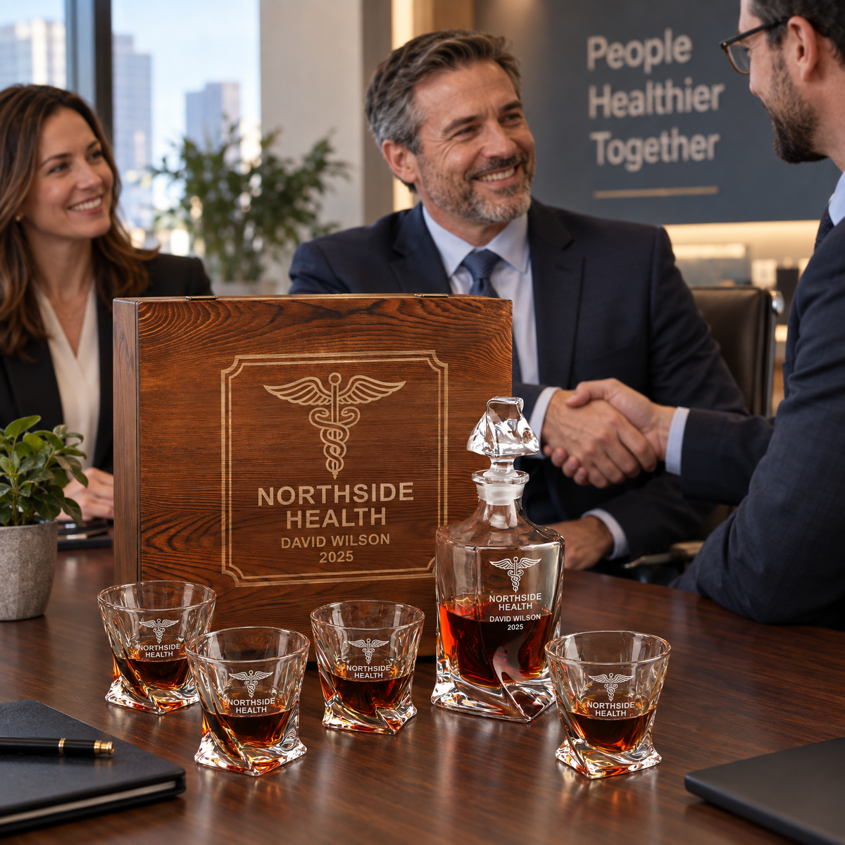 Healthcare Company Gifts – Twisted Decanter Set with 4 Glasses & Wooden Box – image 16