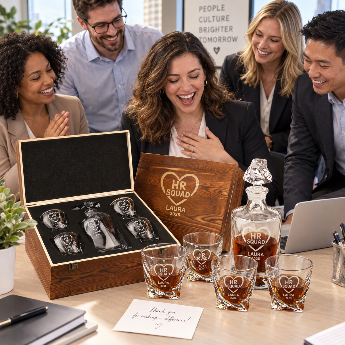 Human Resources Company Gifts – Twisted Decanter Set with 4 Glasses & Wooden Box – image 03
