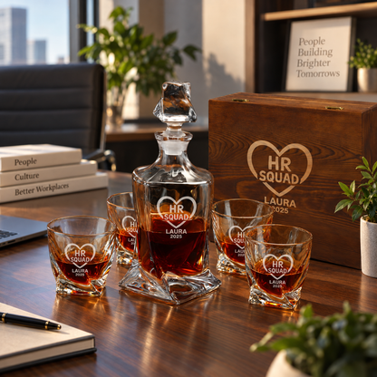 Human Resources Company Gifts – Twisted Decanter Set with 4 Glasses & Wooden Box – image 12