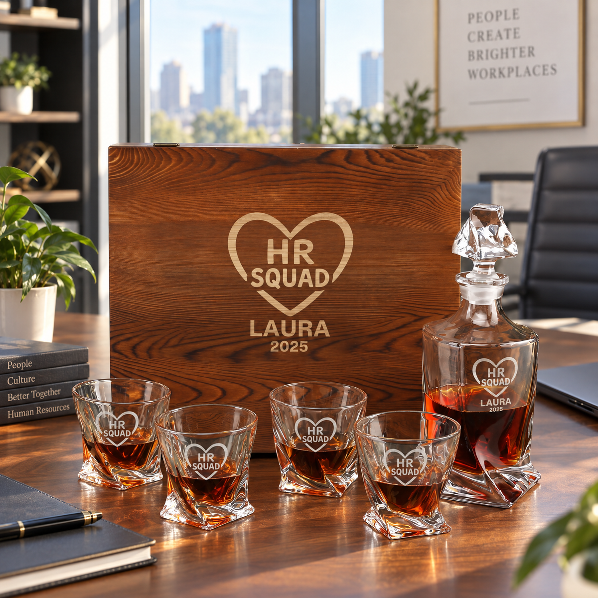 Human Resources Company Gifts – Twisted Decanter Set with 4 Glasses & Wooden Box product image