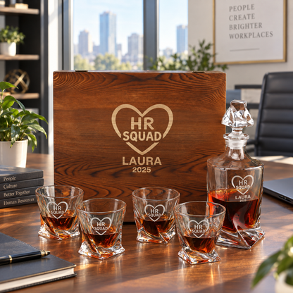 Human Resources Company Gifts – Twisted Decanter Set with 4 Glasses & Wooden Box – image 16