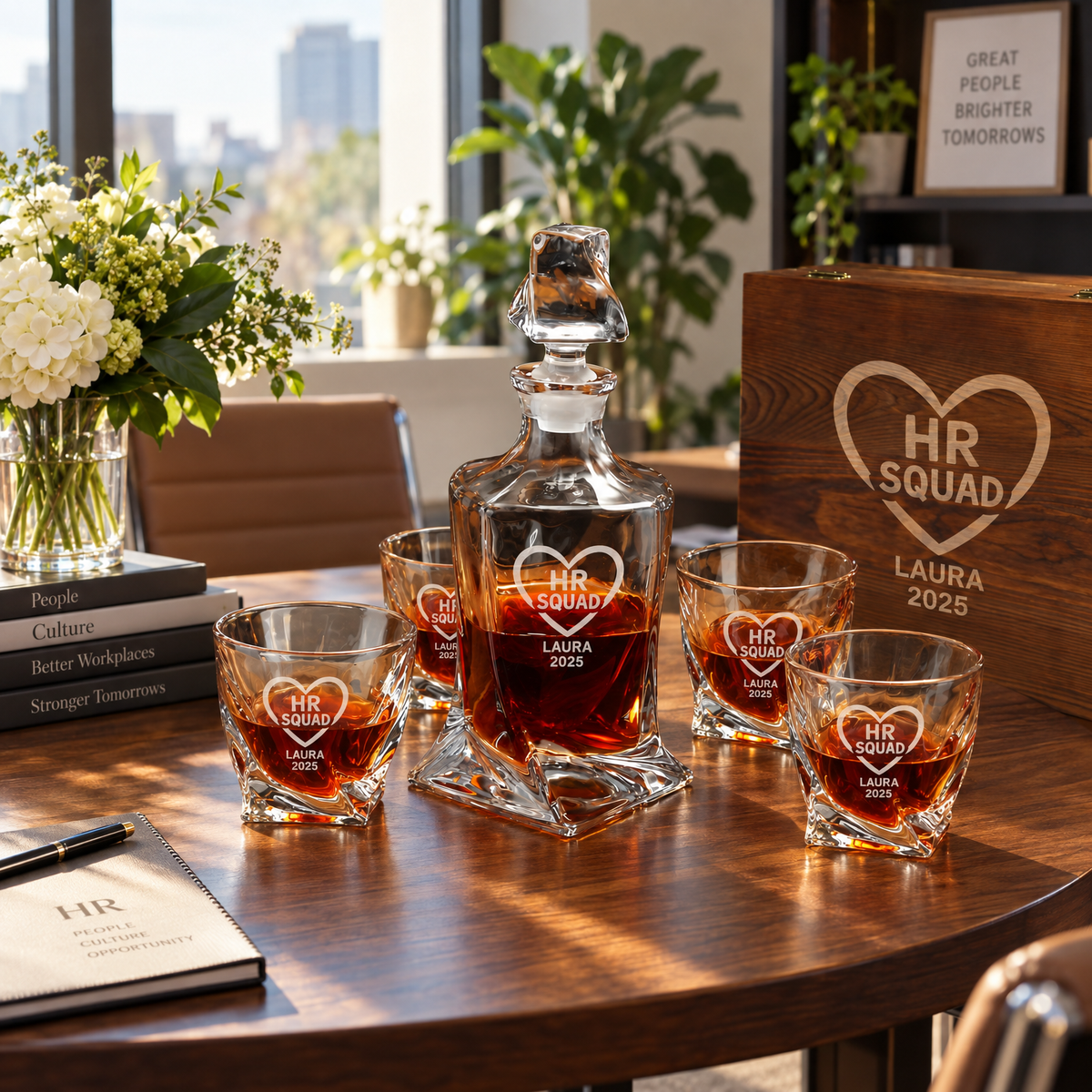 Human Resources Company Gifts – Twisted Decanter Set with 4 Glasses & Wooden Box – image 20