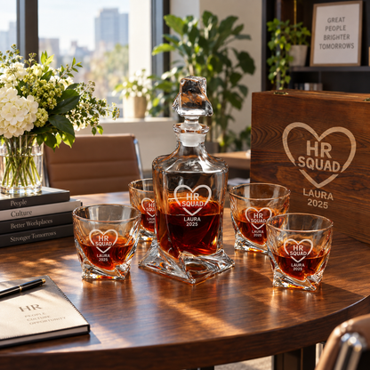 Human Resources Company Gifts – Twisted Decanter Set with 4 Glasses & Wooden Box – image 20