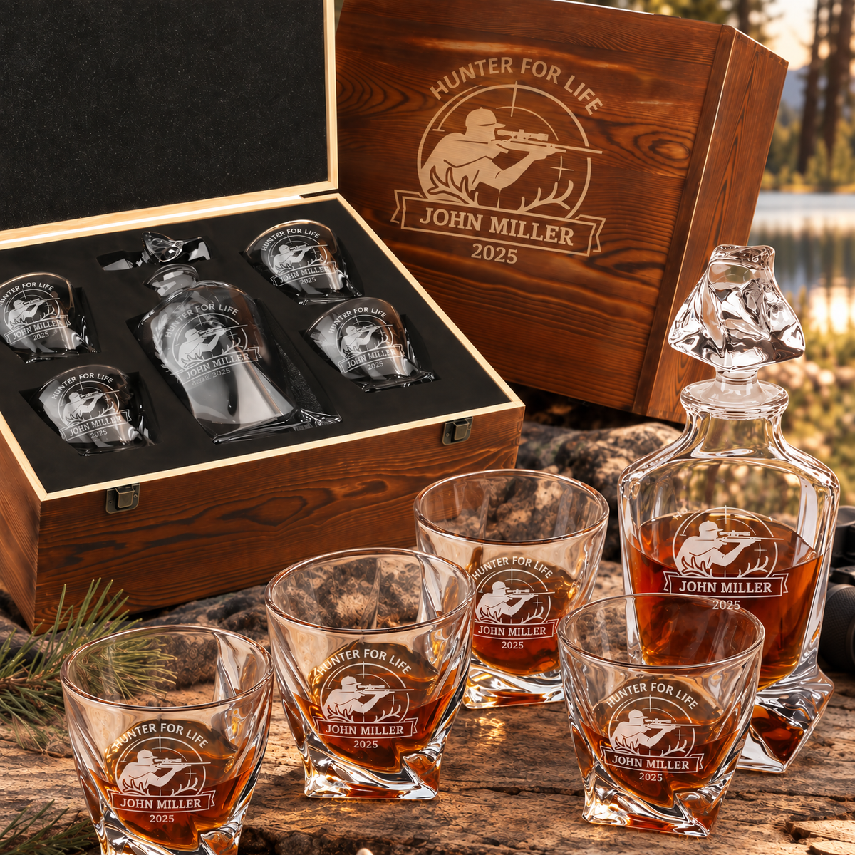 Gift for Hunters – Twisted Decanter Set with 4 Glasses & Wooden Box – image 01