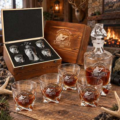 Gift for Hunters – Twisted Decanter Set with 4 Glasses & Wooden Box – image 04