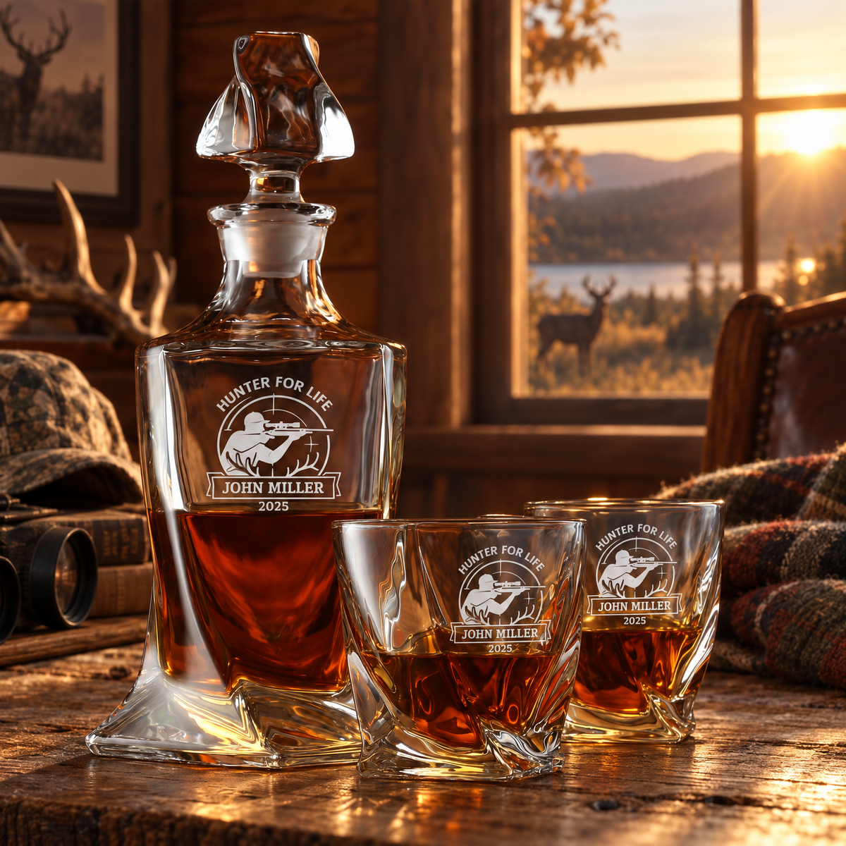 Gift for Hunters – Twisted Decanter Set with 4 Glasses & Wooden Box – image 06