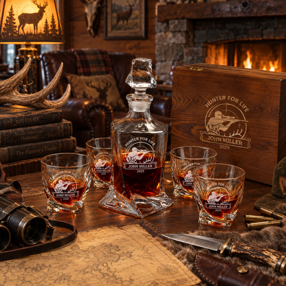 Gift for Hunters – Twisted Decanter Set with 4 Glasses & Wooden Box – image 08
