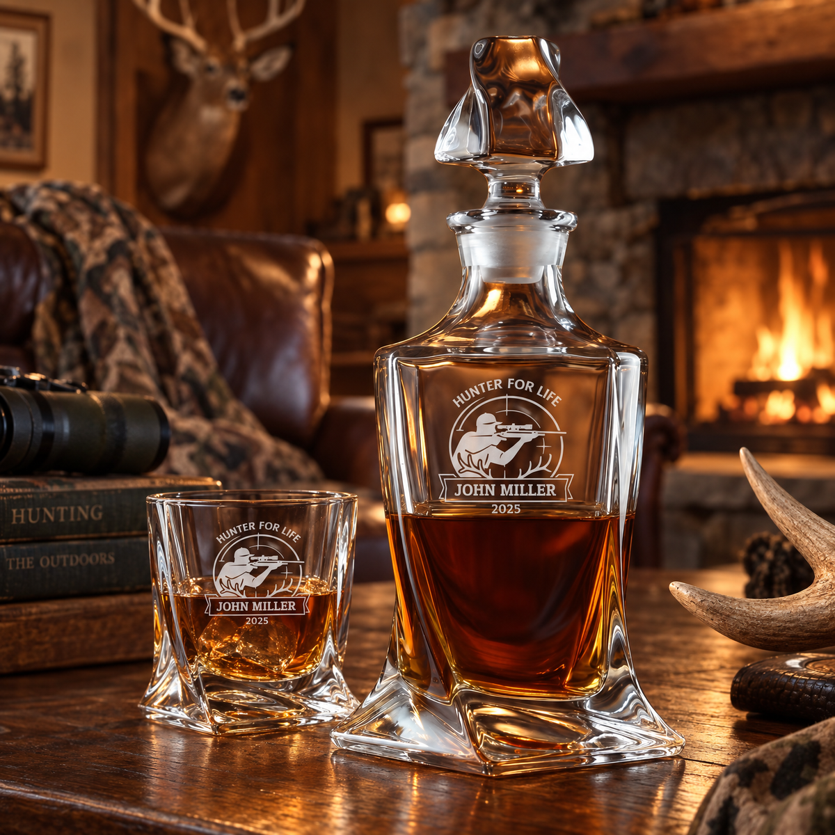 Gift for Hunters – Twisted Decanter Set with 4 Glasses & Wooden Box product image