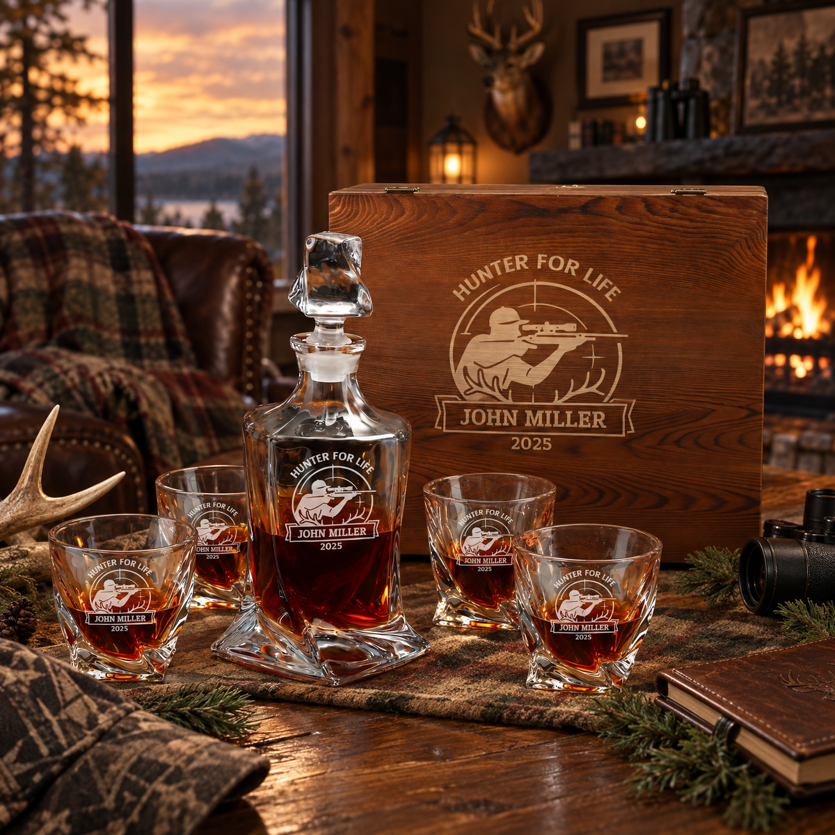 Gift for Hunters – Twisted Decanter Set with 4 Glasses & Wooden Box – image 12