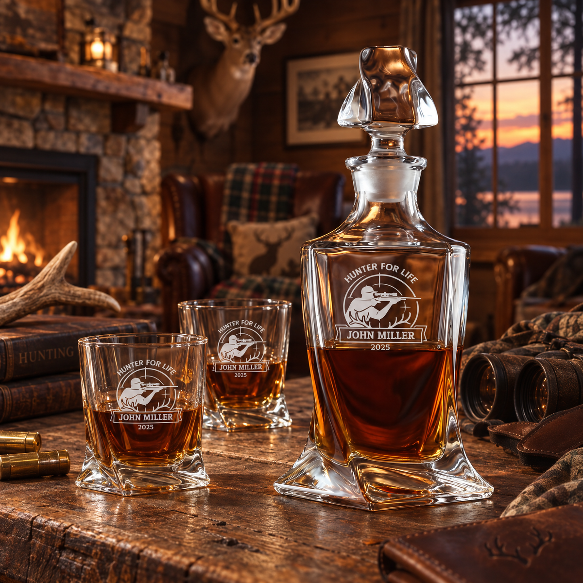 Gift for Hunters – Twisted Decanter Set with 4 Glasses & Wooden Box – image 16