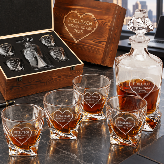 Technology Company Gifts – Twisted Decanter Set with 4 Glasses & Wooden Box – image 01