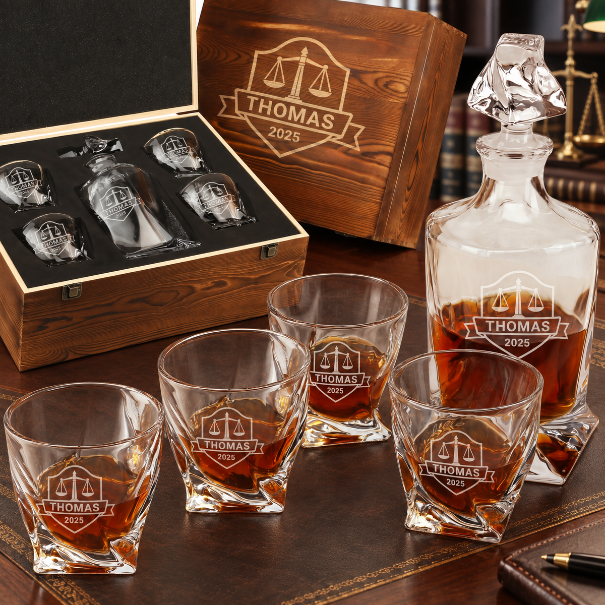 Legal Company Gifts – Twisted Decanter Set with 4 Glasses & Wooden Box product image