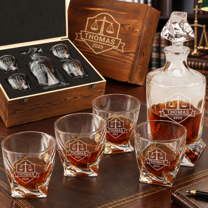 Legal Company Gifts – Twisted Decanter Set with 4 Glasses & Wooden Box – image 01