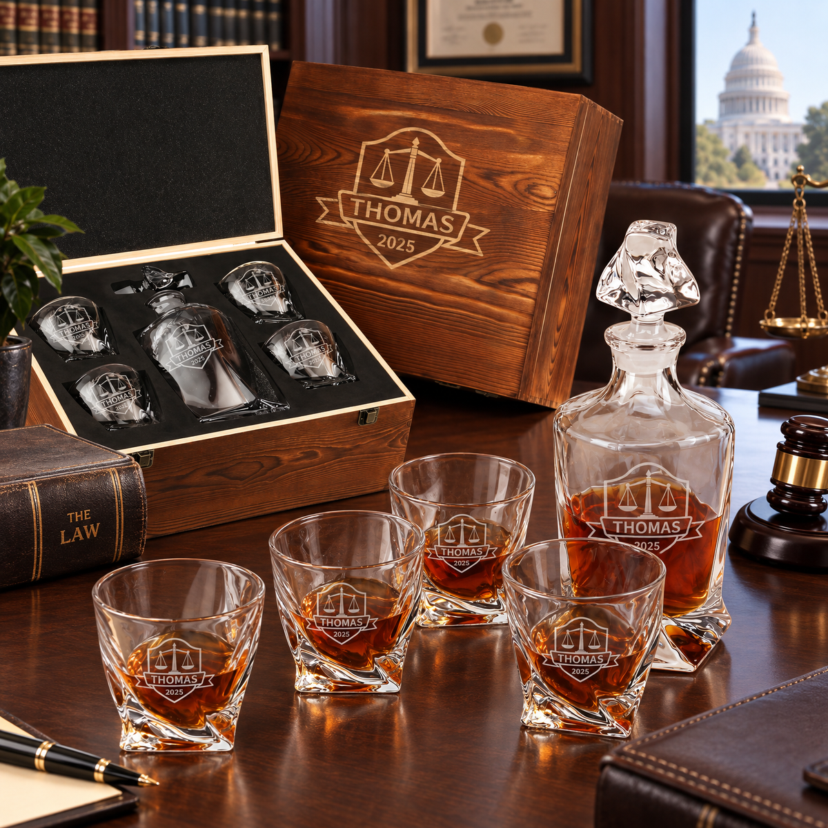 Legal Company Gifts – Twisted Decanter Set with 4 Glasses & Wooden Box – image 04