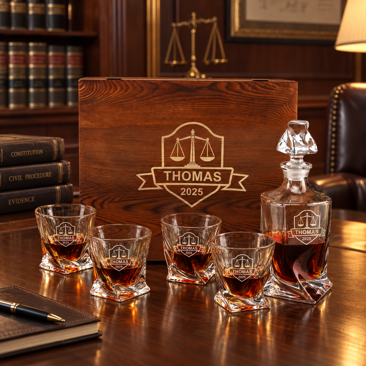 Legal Company Gifts – Twisted Decanter Set with 4 Glasses & Wooden Box product image