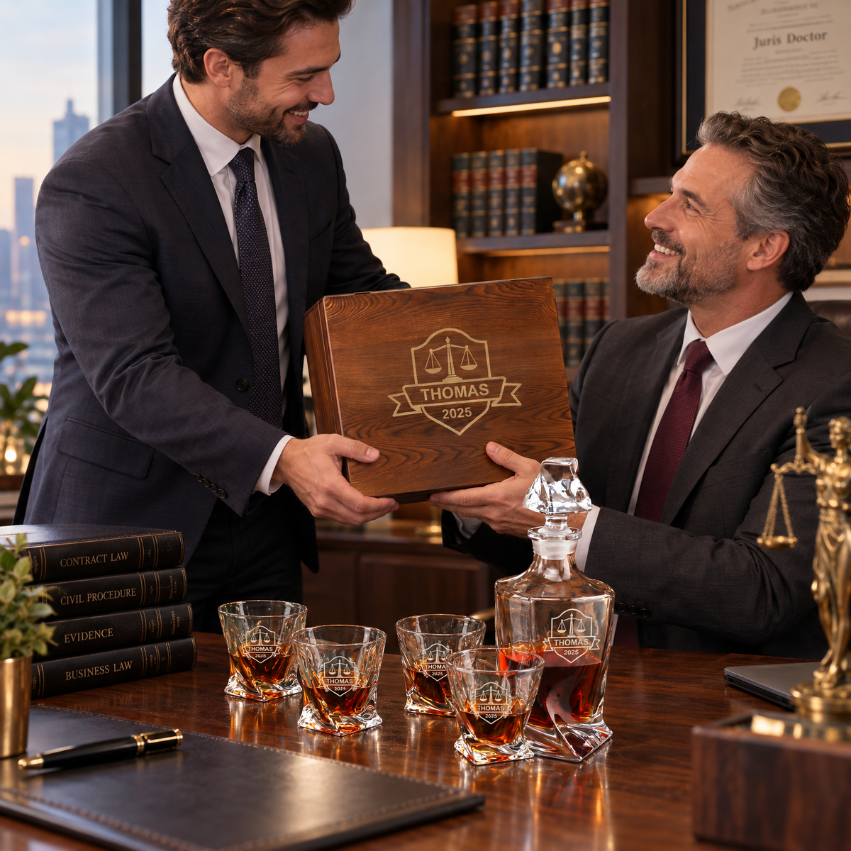 Legal Company Gifts – Twisted Decanter Set with 4 Glasses & Wooden Box product image