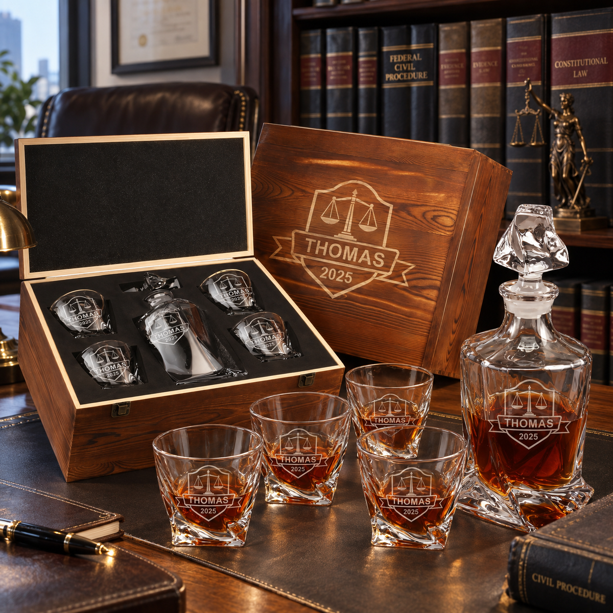 Legal Company Gifts – Twisted Decanter Set with 4 Glasses & Wooden Box product image