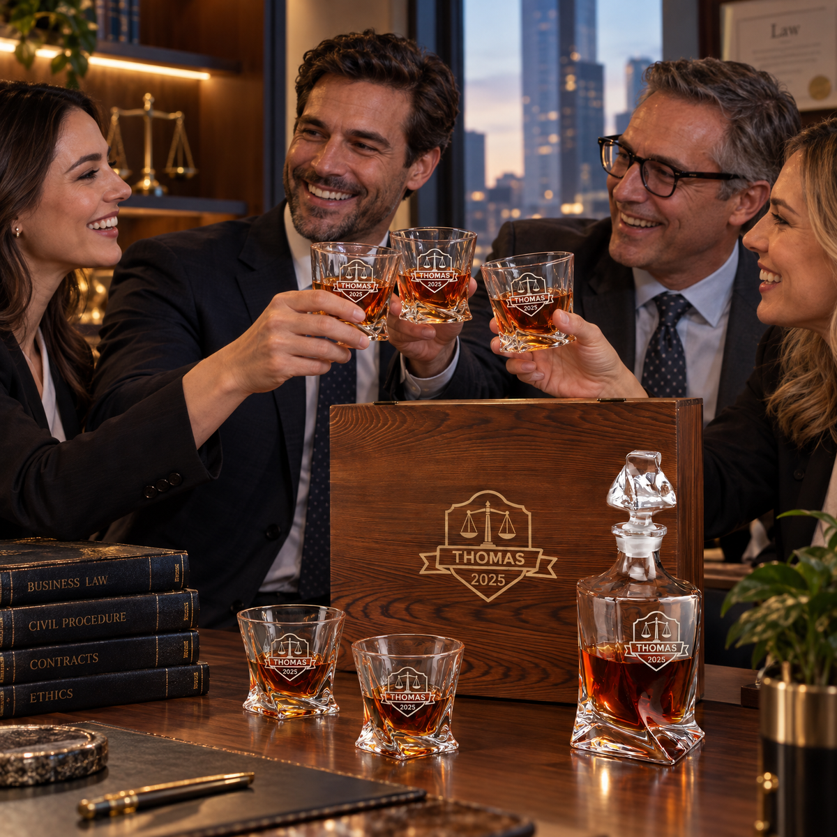 Legal Company Gifts – Twisted Decanter Set with 4 Glasses & Wooden Box – image 15