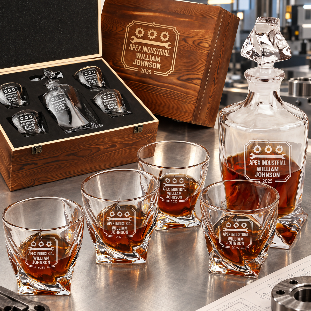 Manufacturing Company Gifts – Twisted Decanter Set with 4 Glasses & Wooden Box – image 01
