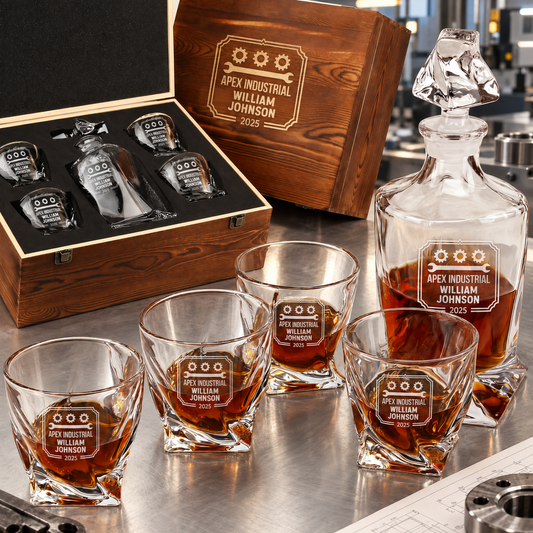 Manufacturing Company Gifts – Twisted Decanter Set with 4 Glasses & Wooden Box – image 01