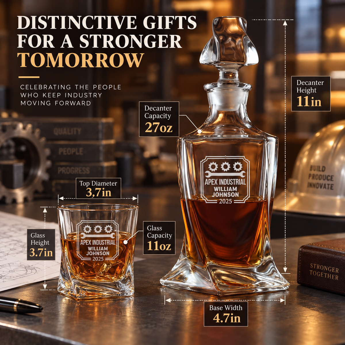 Manufacturing Company Gifts – Twisted Decanter Set with 4 Glasses & Wooden Box – image 02