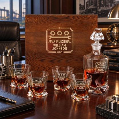 Manufacturing Company Gifts – Twisted Decanter Set with 4 Glasses & Wooden Box – image 04
