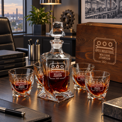 Manufacturing Company Gifts – Twisted Decanter Set with 4 Glasses & Wooden Box – image 16
