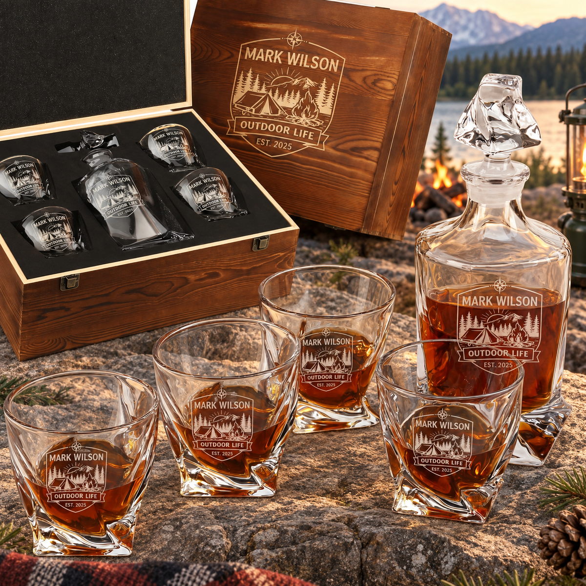 Gift for Outdoorsmen – Twisted Decanter Set with 4 Glasses & Wooden Box – image 01