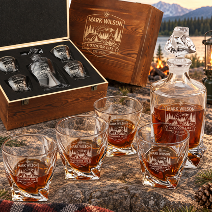 Gift for Outdoorsmen – Twisted Decanter Set with 4 Glasses & Wooden Box – image 01