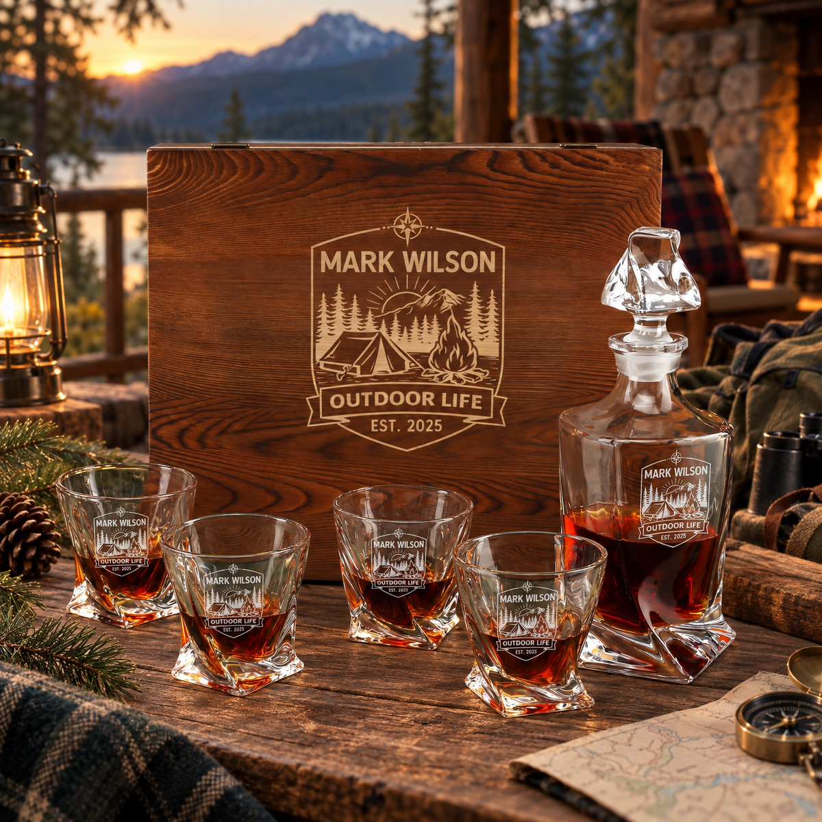 Gift for Outdoorsmen – Twisted Decanter Set with 4 Glasses & Wooden Box product image