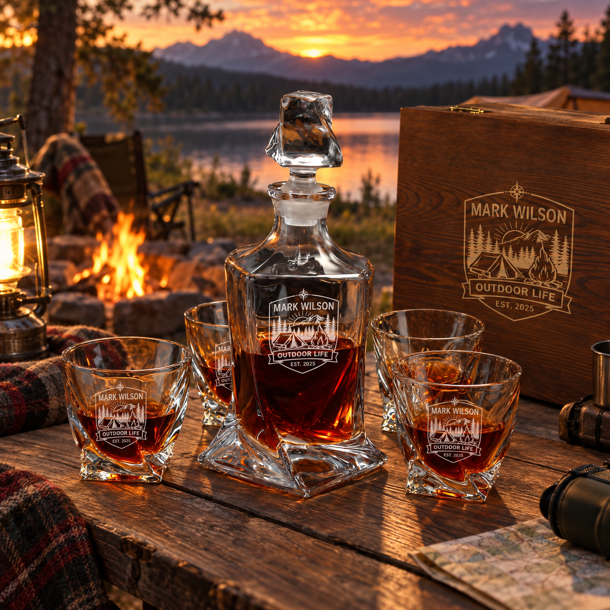Gift for Outdoorsmen – Twisted Decanter Set with 4 Glasses & Wooden Box product image