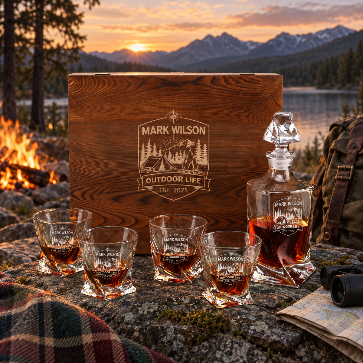 Gift for Outdoorsmen – Twisted Decanter Set with 4 Glasses & Wooden Box product image