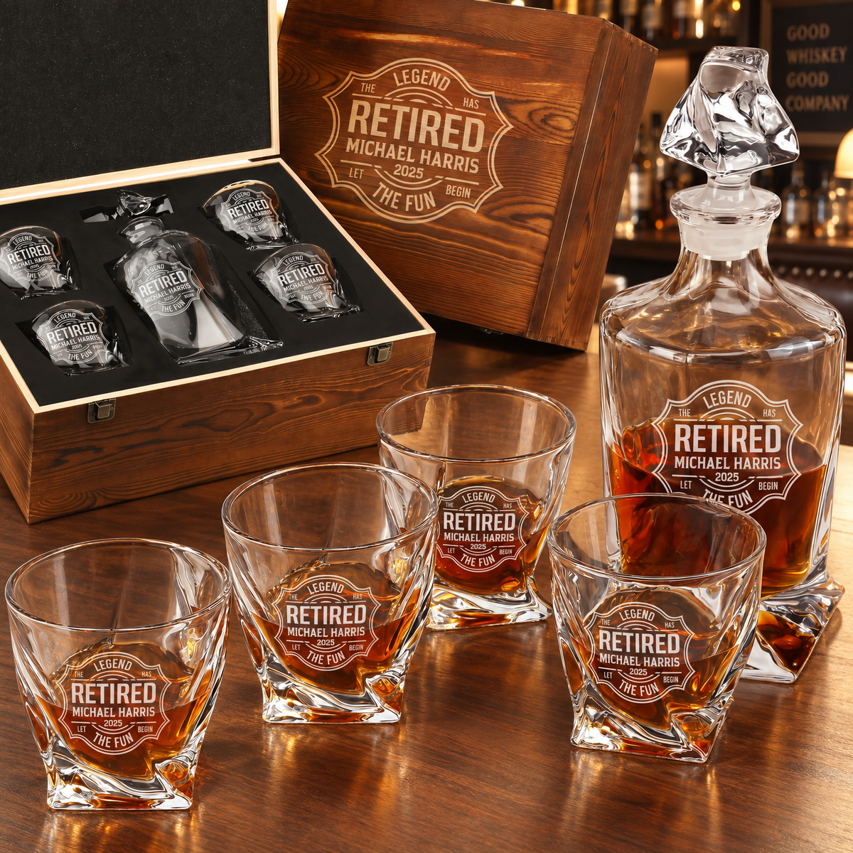 Retirement Gift – Twisted Decanter Set with 4 Glasses & Wooden Box product image