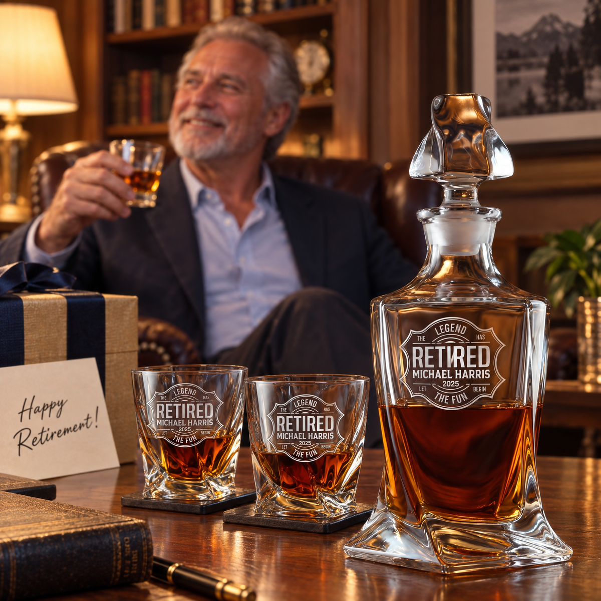 Retirement Gift – Twisted Decanter Set with 4 Glasses & Wooden Box – image 06
