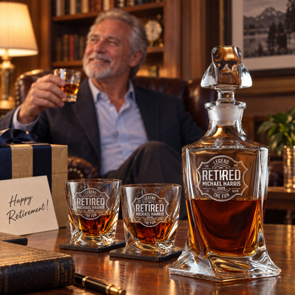 Retirement Gift – Twisted Decanter Set with 4 Glasses & Wooden Box – image 06