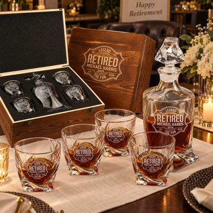 Retirement Gift – Twisted Decanter Set with 4 Glasses & Wooden Box – image 08