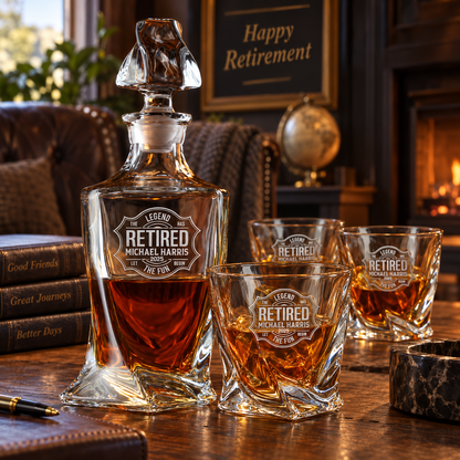 Retirement Gift – Twisted Decanter Set with 4 Glasses & Wooden Box – image 10